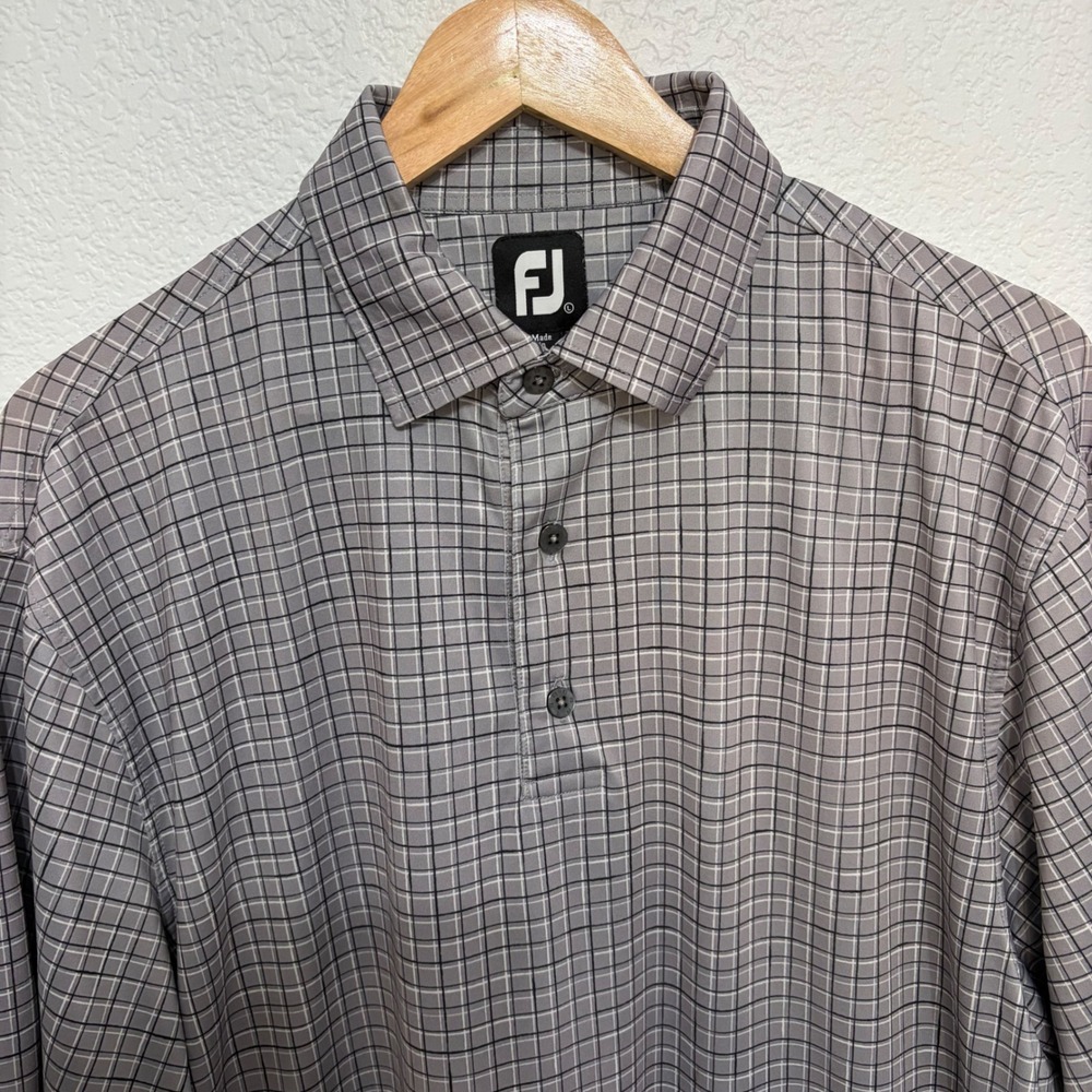 FootJoy Mens Gray Grid Pattern Golf Polo Shirt Serrano Logo Size Large